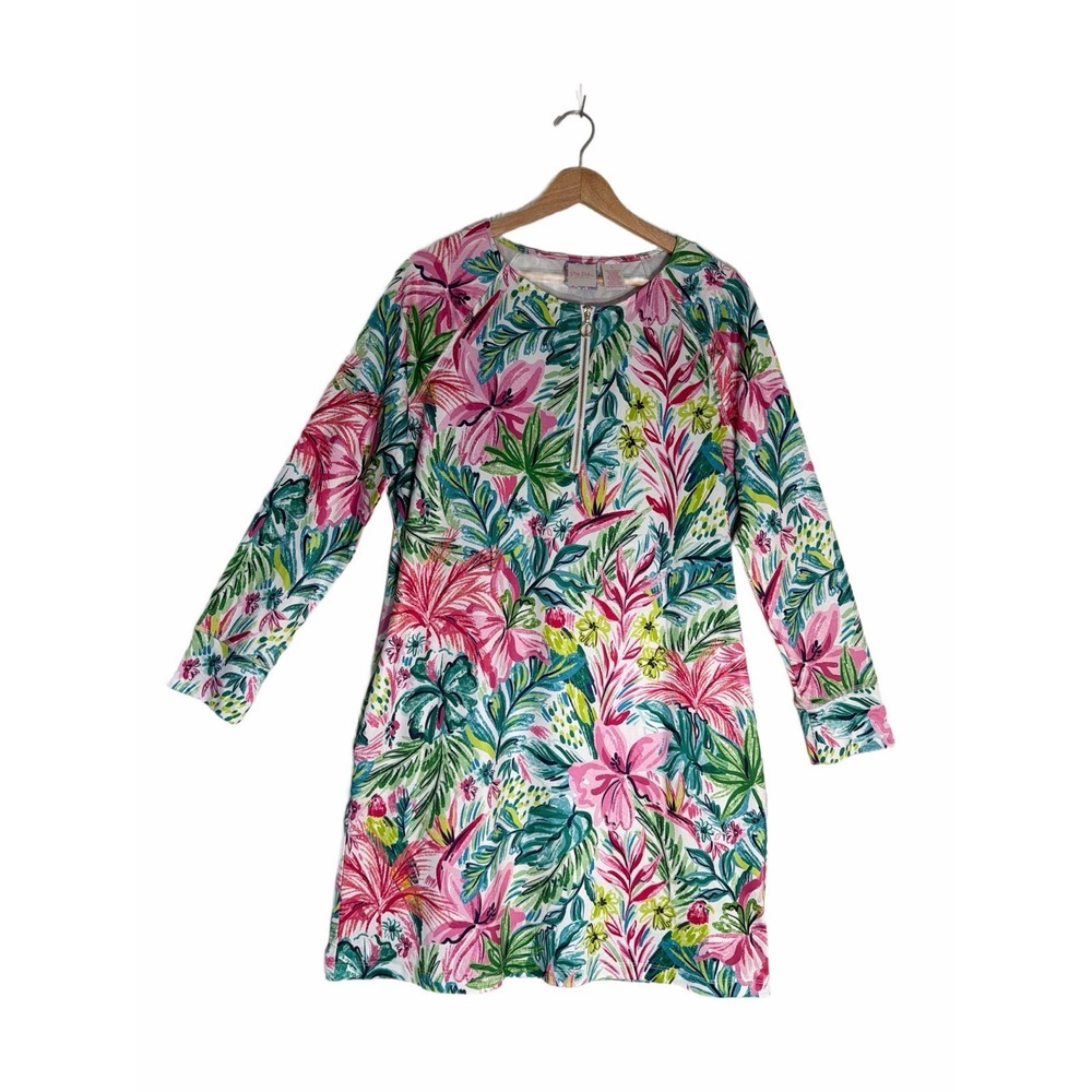 Stella Parker Tropical Floral Shift Dress 1/4 Zip Island Collection Pink - Large